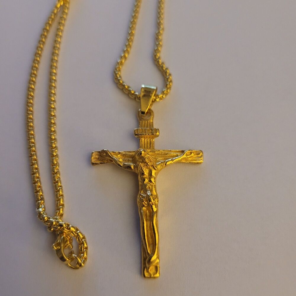 Stainless Steel Jesus Cross Necklace Gold Color Unisex